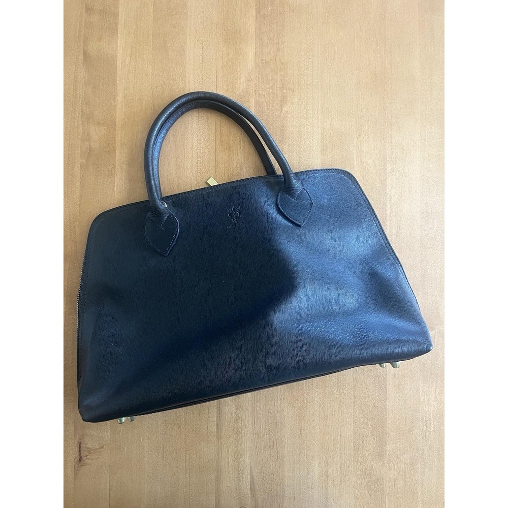 Vintage Italian Leather Black Zip Top Satchel Top Handle Bag Made in Italy